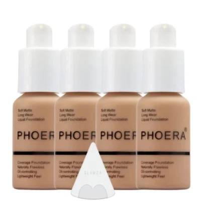 Afbeelding van Glamza Phoera foundation make up set met volledige dekking 24 uur langdurige oliecontrole zachte gladde matte vlekkeloze concealer crème Inc x4 30 ml &amp; siliconen blender spons (105 zand)