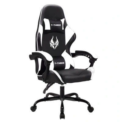Afbeelding van T THREE.High rug ergonomische computerstoel, gaming stoel, bureaustoel, draaistoel, race verstelbare lendensteun en hoofdsteun, kan dragen 150kg gewicht(Wit)