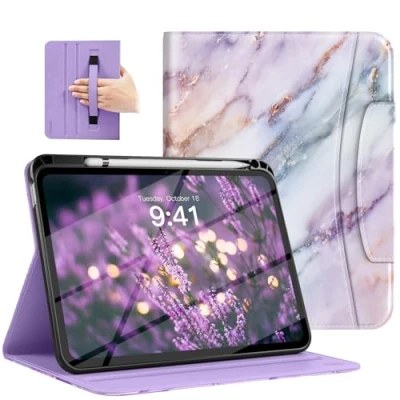 Afbeelding van MoKo for iPad 10th Generation Case 10.9 Inch 2022 with Pencil Holder, Multi Angle Viewing Soft TPU Back Hand Strap Gen 2022, Purple Marble