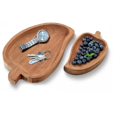 Afbeelding van COM FOUR® 2 delige dienbladenset van acaciahout decoratieve planken in bladvorm serveerschalen houten dienblad maten voor snacks, kaas, worst (2 stuks vel)