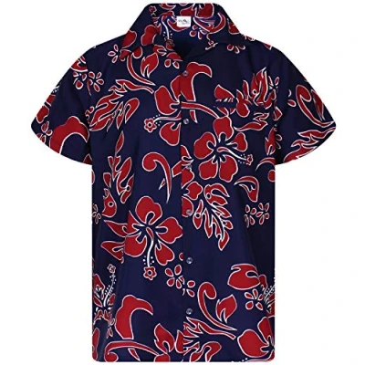 Afbeelding van Funky Hawaiiaans Overhemd, Hawaii Korte Mouw, Hibiscus, Rood Marineblauw, L
