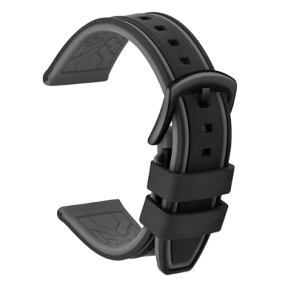 Afbeelding van ULLCHRO Unisex rubberen armband met geborsteld roestvrij stalen zilveren gesp, zwart en grijs., 26mm, Riemen.