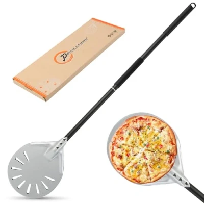 Afbeelding van Geperforeerde pizzaschep, aluminium pizzaschep met klapgreep, voor pizzasteen, stabiele knop, eenvoudige installatie, ideaal zelfgemaakte pizza