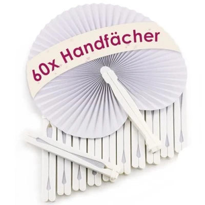 Afbeelding van WeddingTree ® 60 x handwaaiers, papier, wit, opvouwbaar, doe het zelf en decoratieplezier voor groot klein, gastgeschenk, bruiloft, feest, flamenco, buikdansen