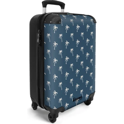 Afbeelding van NoBoringSuitcases.com® Handbagage koffer lichtgewicht Reiskoffer trolley Blauw met beige palmbomen print Rolkoffer wieltjes Past binnen 55x40x20 en 55x35x25