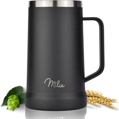 Afbeelding van Bier Mok geïsoleerd roestvrij staal, bierglas met deksel, Thermo Mok, cadeau voor mannen, papa, houdt koud 7 uur, vaatwasmachinebestendig, 700 ml, zwart