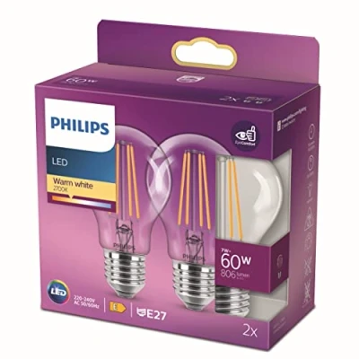 Afbeelding van Philips LED lamp 2 pack Warmwit licht E27 60 W Mat Energiezuinige verlichting Filamentlamp