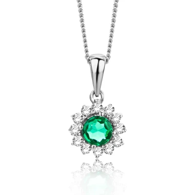 Afbeelding van Miore Groen Smaragd en Diamanten Bloem Ketting Dames Conflictvrije Edelstenen 9 Karaat Kleur Witgoud Handgemaakte Hoogwaardige Sieraden