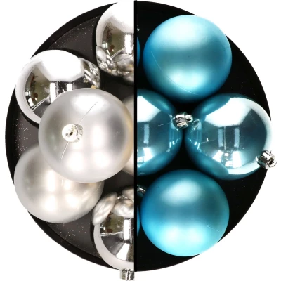 Afbeelding van Decoris kerstballen 12x st 8 cm zilver en blauw kunststof Kerstbal