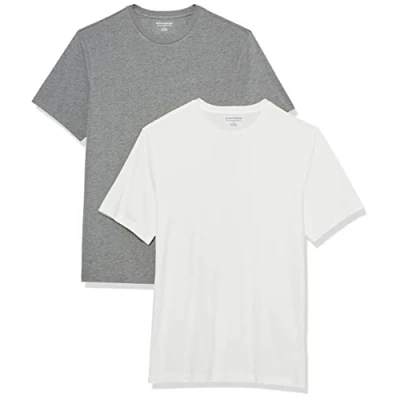 Afbeelding van Amazon Essentials Heren Slim Fit T shirt met korte mouwen en ronde hals, set van 2, grijs heather/wit, S
