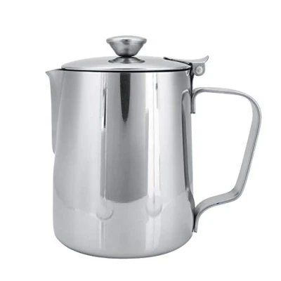 Afbeelding van MAGT Melkkannetje met deksel, roestvrijstalen melkkan, 350 ml, koffiepot, roestvrij staal, melkschuimkannetje, melkopschuimer, kan voor latte koffie, type ml