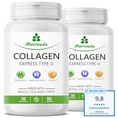 Afbeelding van collageen Express capsules met biocell type II 2 maanden voorraad hyaluronzuur, chondroïtinesulfaat, vitamine C &amp; mangaan huid haar gewrichten van MoriVeda 2x 60 stuks