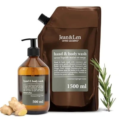 Afbeelding van Jean&amp;Len Hand en Body Wash Rosemary Ginger, reinigt de huid, zonder parabenen, siliconen microplastic, glazen fles van 500 ml navulverpakking 1,5 l in praktische set