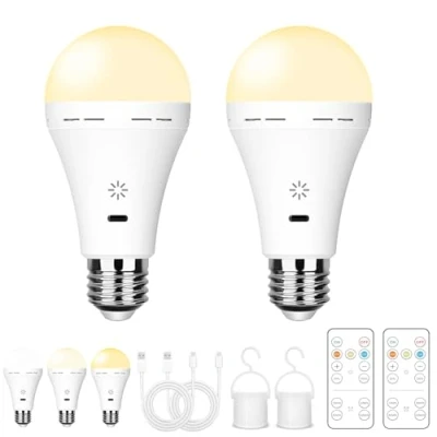 Afbeelding van USB Oplaadbare Gloeilamp Met Afstandsbediening, 3 Kleurtemperaturen Verstelbare Helderheid, E27 LED Dimbare Batterij Haken, 7W Touch Control Timing Functie, 2600mAh,2 pack