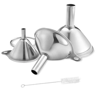 Afbeelding van 3 stuks trechters, keukentrechter, roestvrij staal, trechter klein, met handvat en reinigingsborstel, stapelbaar, geschikt voor vloeistoffen, oliën, poeder, jam (4,5 cm, 5,5