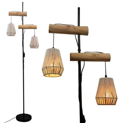 Afbeelding van vloerlamp Boho met rotankap, boho, 2 vlammen, vintage vloerlamp, industriële voor woonkamer, slaapkamer, kinderkamer, hoogte 169 cm