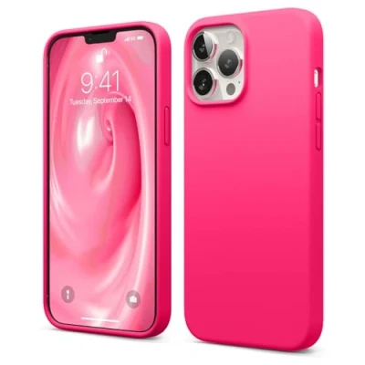 Afbeelding van elago Compatibel met iPhone 13 Pro Max hoesje, vloeibare siliconen hoes, full body screen camera beschermhoes, schokbestendig, slanke case, anti kras zachte microfiber voering, 6,7 inch (neon felroze)