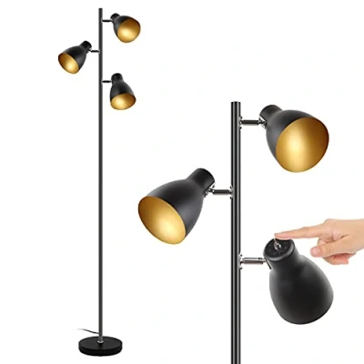 Afbeelding van Osasy Staande leeslamp, boom vloerlamp met 3 verstelbare roterende lampen, onafhankelijke bediening, retro metaal, zwart goud, E14, 168 cm, voor woonkamer, slaapkamer, kantoor, thuis