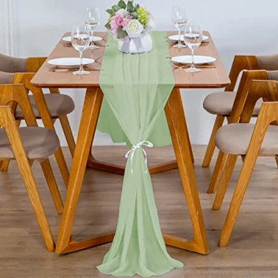 Afbeelding van YUNSHANGHE Moderne tafelloper van chiffon 70 x 300 cm, afwasbaar, tafelkleed voor bruiloft, tafeldecoratie stof, verjaardag, communie (matcha groen)