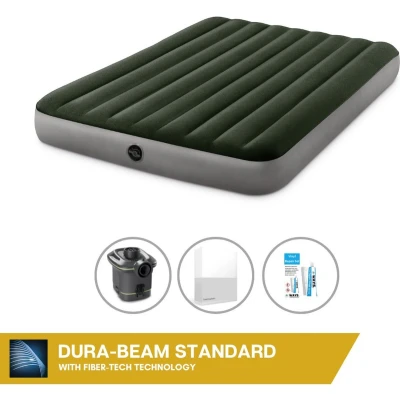 Afbeelding van Intex Luchtbedset 2 Persoons 152 x 203 25 cm Groen Met pomp + Hoeslaken Wit Reparatieset