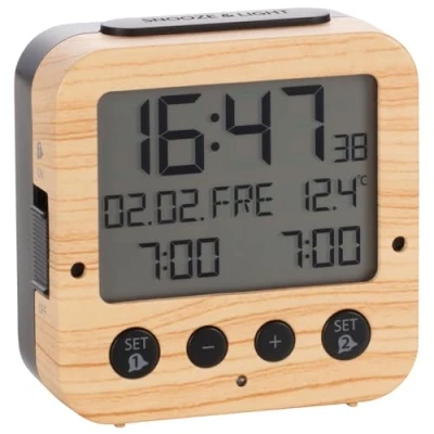 Afbeelding van TFA Dostmann Bingo 60.2528 Draadloze wekker, met automatische achtergrondverlichting, datum, temperatuurweergave en twee wektijden, L 81 x B 33 H mm, houtlook, zwarte toetsen