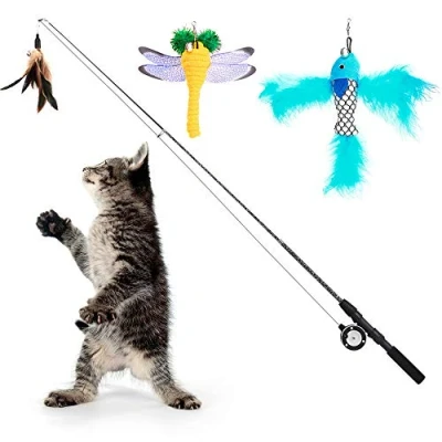 Afbeelding van Pawaboo Speelplumeau voor katten, [3 stuks] interactieve kattenstaaf met telescopische veer verwisselbaar speelgoed, vishengel, grappige oefening, garen jagen