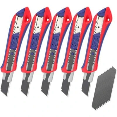 Afbeelding van WORKPRO 5 stuks cuttermessen set 18 mm met 20 reservemesjes van SK5, professioneel cuttermes, afbreekmes, kartonnen mes, multifunctioneel mes rubberen handgreep, snijden voor papier, karton