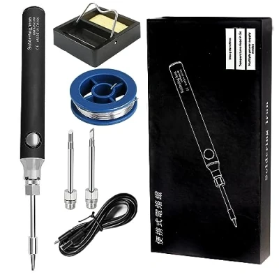 Afbeelding van Treedix Soldeerbout Kit, 8W lasgereedschap met instelbare temperatuur 330 tot 450 ℃, draadloze elektrische soldeerbout/USB oplaadkabel/soldeerstandaard/3 stuks tips voor solderen en repareren (zwart)