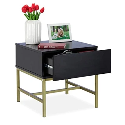 Afbeelding van Relaxdays nachtkastje zwart, vierkante bijzettafel met lade, hout, goudkleurig metalen frame, 50x50x50 cm, zwart