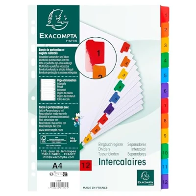 Afbeelding van Exacompta Ref. 1112E karton met 20 tabbladen in wit 160g/m2 FSC® 12 digitale van 1 tot kleuren Afdrukbare indexpagina Voor DIN A4 afmetingen 22,5x29,7 cm