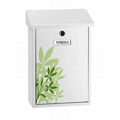 Afbeelding van ARREGUI Premium E5608 Brievenbus van Verzinkt Staal met Gezeefdrukte Bladeren Motief &quot;Blossom&quot; Formaat M (DIN A4 Post) Wandbrievenbus voor Buiten Valklep Eenvoudige Montage Wit Groen