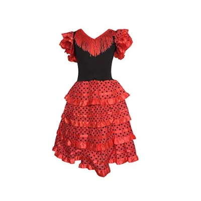 Afbeelding van Spaanse jurk flamenco rood zwart maat 8 ( 116 122) lengte 80 cm verkleedkleren meisje