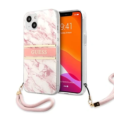 Afbeelding van Roze hoesje van Guess Hardcase Backcover iPhone 13 Mini Met Riem Marble