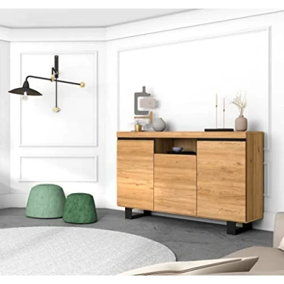 Afbeelding van Skraut Home Dressoir voor woonkamer, eetkamer, kantoor, kleur: eiken/zwart, 3 deuren, 1 vak, 140 x 40 92 cm, Nordic