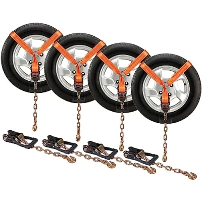Afbeelding van VEVOR 4 stuks autosjorbanden met kettingankers, Lasso stijl 5 x 304 cm, werkbelasting 2,7 t, breukvastheid van robuuste ratels voor touringauto, vrachtwagen