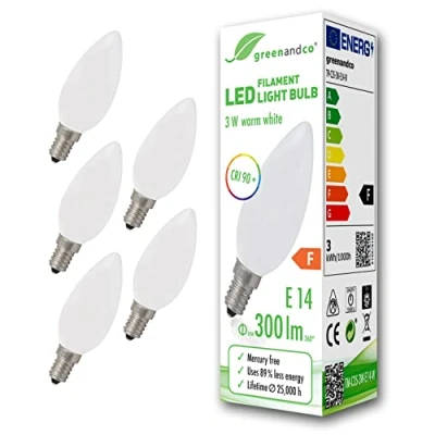 Afbeelding van 5 stuks greenandco® CRI90+ LED lamp vervangt 28 Watt E14 kaars mat, 3W 300 Lumen 2700K warm wit 360 230V AC glas, niet dimbaar, flikkervrij