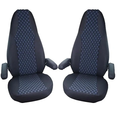 Afbeelding van BREMER SITZBEZÜGE Maat Piloten stoelhoezen compatibel met camper Hymer Ducato accessoires set van 2 hoezen incl. armleuninghoezen in zwart/blauw WMS706