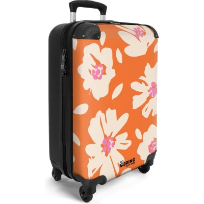 Afbeelding van NoBoringSuitcases.com® Handbagage koffer lichtgewicht Reiskoffer trolley Oranje met beige en roze bloemen Rolkoffer wieltjes Past binnen 55x40x20 55x35x25