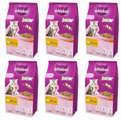 Afbeelding van Whiskas Junior droogvoer voor kip, 6 x 1,4 kg, stuks, groeiende katten, extra kleine kibbles kittens (2 12 maanden), verschillende productverpakkingen verkrijgbaar