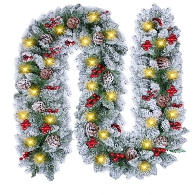 Afbeelding van Kerstslinger met verlichting, 30 leds, 2,7 m, dennenslinger bloemen, ballen, kerstdecoratie, rotan slinger, Kerstmis, voor trap, binnen en buiten, Kerstmis