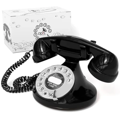 Afbeelding van OPIS FunkyFon cable: 1920 draaischijf retro telefoon in de bochtige stijl van jaren 20 met moderne elektronische bel (zwart)