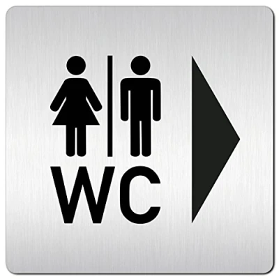 Afbeelding van XXL bord deurbord 125 x mm bord&quot;WC pictogram + pijl rechts&quot; van 1,5 dik aluminium contrastrijke look dan bij traditionele roestvrijstalen borden