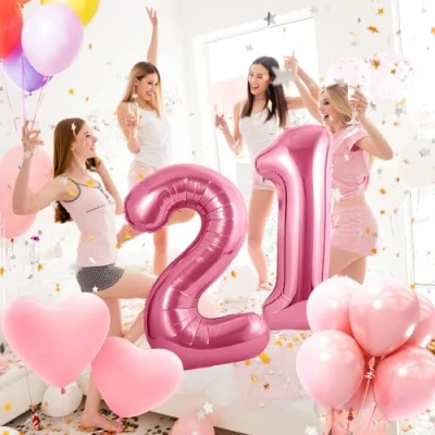 Afbeelding van Verjaardagscijfer ballon 21 jaar folieballon roze in 40 101 cm verjaardagsdecoratie cijfer decoratie voor verjaardag vliegt met helium mannen vrouwen 21e