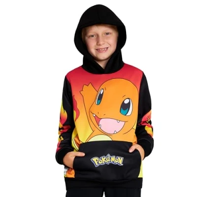 Afbeelding van Pokémon sweatshirt met capuchon voor kinderen, comfortabel kangoeroezak, zwart/rood, 7 8 jaar
