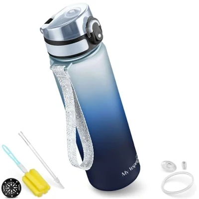 Afbeelding van My Vesperbox Minny Drinkfles voor kinderen, lekvrij, met rietje of zeef, 350 ml, 500 750 lichte Tritan waterfles, BPA vrij, kleuterschool, school, wit blauw zwart, ml