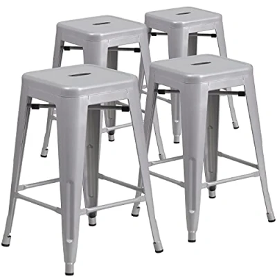 Afbeelding van Flash Furniture 4 pak Commerciële Grade 24 inch Hoge Backless Zilveren Metaal Binnen Outdoor Teller Hoogte Kruk met Vierkante Seat