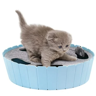 Afbeelding van Pawaboo kattenspeelgoed met rennende muis, elektrisch interactief bewegend kattenspeelgoed, automatisch roterende teaser, pop and play, verstoppertje, jacht, kiekeboe, voor huisdier, kat, katje, speel leuke oefening, hemelsblauw