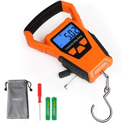 Afbeelding van aokuy Waterdichte Visserijschaal met liniaal, Bagage Schaal, Gewicht Opknoping Haak 110lb/50KG Backlit LCD Display.Waterprof tas en 2 AAA Batterijen Inbegrepen