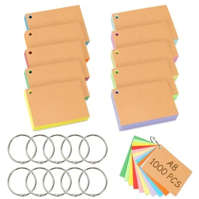 Afbeelding van Votoko 1000 stuks indexkaarten, A8, kleurrijke leerkaarten, blanco, moderatiekaarten met bindringen, 7,4 x 5,1 cm, woordenkaarten, gelinieerde flashkaarten, 10 kleuren, notitiekaarten, index kaarten