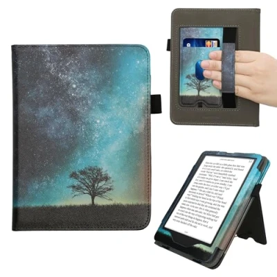 Afbeelding van kwmobile E reader hoesje geschikt voor Amazon Kindle Paperwhite (2024)/Colorsoft hoes flip case van kunstleer Ereader cover met stand Sterrenstelsel en Boom design in blauw / grijs zwart